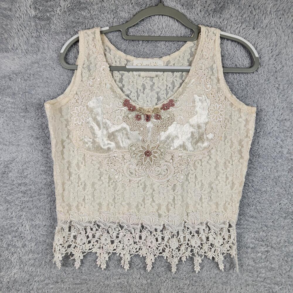 Vintage Pure State Tank Top Womens Medium White Lace Beaded Crochet Boho 90s USA